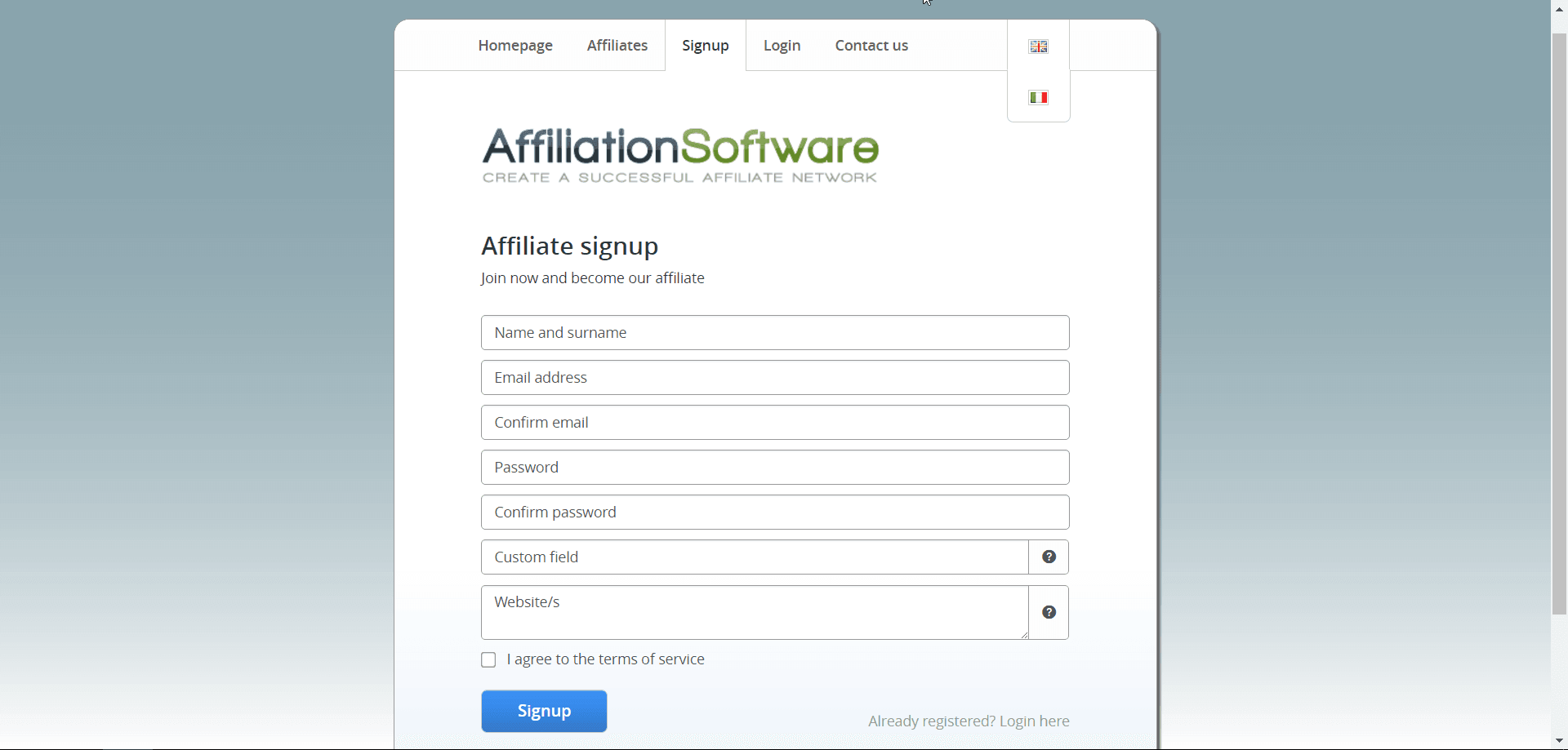 Signup page of AffiliationSoftware