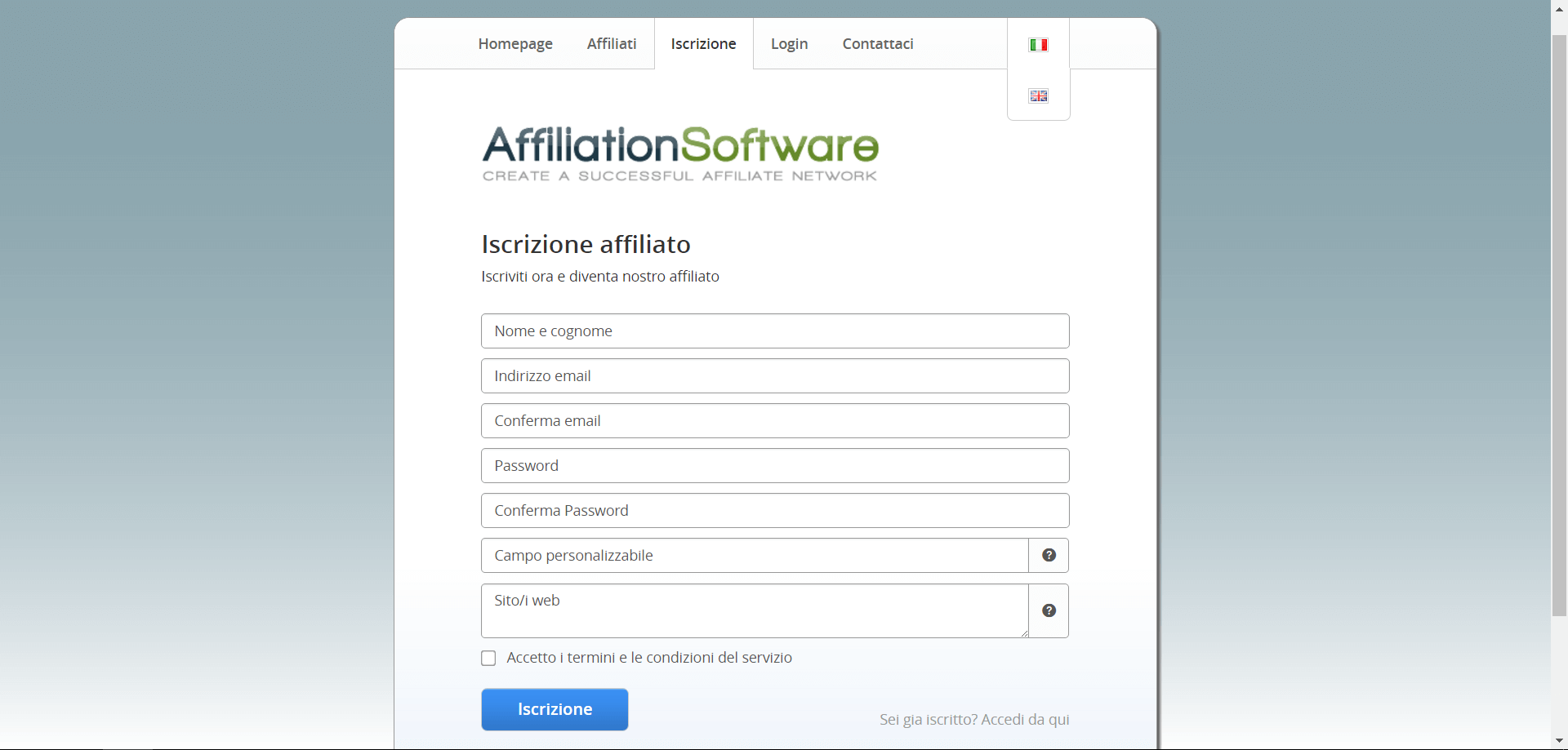 Pagina di iscrizione di AffiliationSoftware